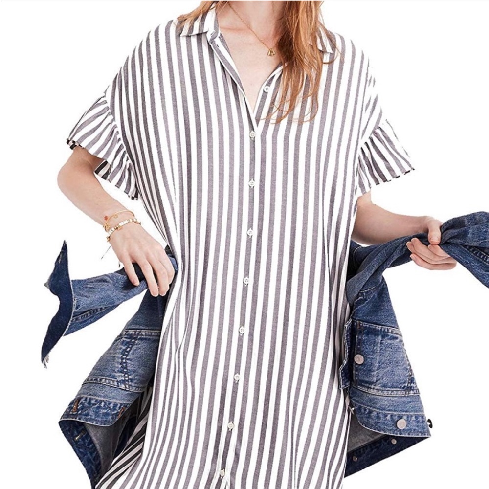 Madewell Pinstripe Nautical Ruffle Shirt Dress